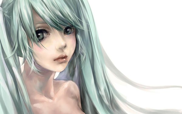 Anime picture 1440x900 with vocaloid hatsune miku single long hair looking at viewer fringe simple background wide image white background twintails bare shoulders green eyes aqua eyes realistic aqua hair girl