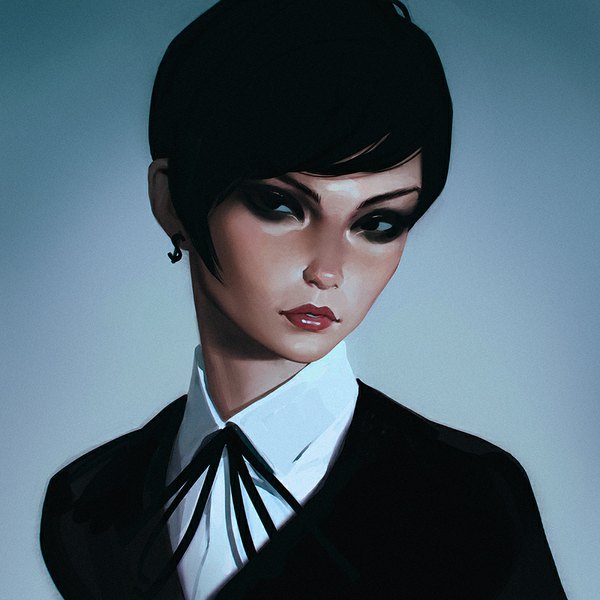 Anime picture 900x900 with original ilya kuvshinov single short hair black hair looking away upper body lips black eyes realistic shadow gradient background eyeshadow revision girl earrings suit