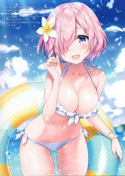 Anime picture 2116x2975 with fate (series) fate/grand order mash kyrielight masuishi kinoto single tall image looking at viewer blush fringe highres short hair breasts open mouth light erotic large breasts purple eyes pink hair sky cloud (clouds) outdoors