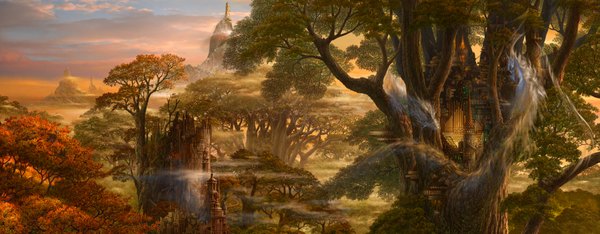 Anime picture 1789x700 with original ucchiey wide image landscape fantasy autumn panorama plant (plants) tree (trees) dragon castle