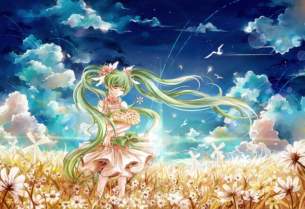 Anime picture 1000x688 with vocaloid hatsune miku instockee single twintails bare shoulders sky cloud (clouds) eyes closed very long hair hair flower green hair girl hair ornament flower (flowers) bow hat animal petals bird (birds)