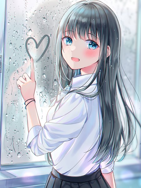 Anime picture 1536x2046 with original sakura (39ra) single long hair tall image looking at viewer blush fringe open mouth blue eyes black hair smile standing indoors blunt bangs :d turning head against glass girl skirt