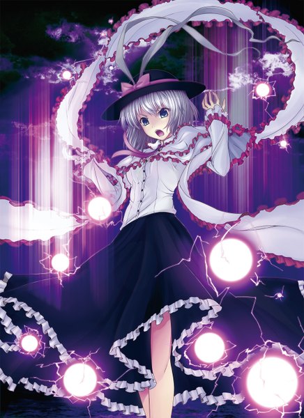 Anime picture 1000x1375 with touhou nagae iku e neko (pixiv) single tall image short hair blue eyes grey hair lightning girl skirt bow ribbon (ribbons) hat