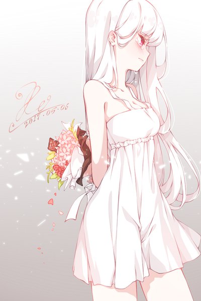 Anime picture 730x1095 with original de da xianyu single long hair tall image blush fringe simple background red eyes standing holding signed looking away cleavage white hair profile grey background tears gradient background dated