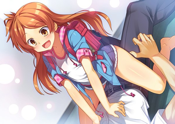 Anime picture 1169x827 with idolmaster idolmaster million live! oogami tamaki racer (magnet) long hair blush open mouth brown hair brown eyes loli one side up girl boy shirt shorts school bag