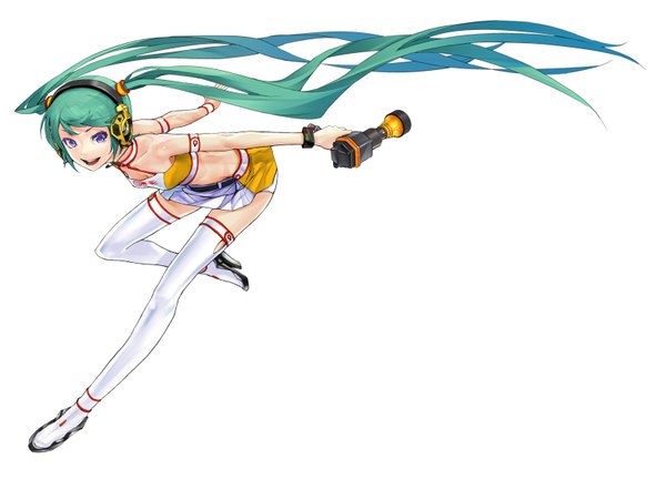Anime picture 1600x1152 with vocaloid goodsmile racing hatsune miku racing miku racing miku (2010) redjuice single long hair open mouth simple background smile white background purple eyes twintails very long hair aqua hair girl underwear panties miniskirt