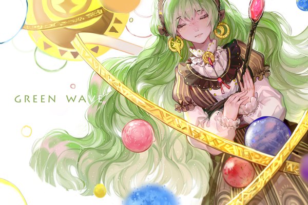 Anime-Bild 3600x2400 mit original longyu single long hair fringe highres absurdres eyes closed green hair text freckles girl dress earrings hairband ball