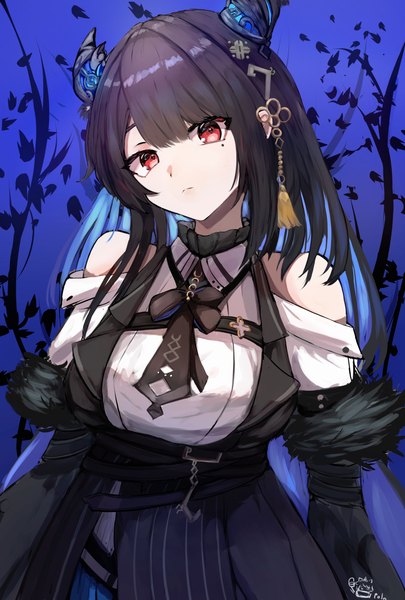 Anime picture 2700x4000 with virtual youtuber hololive hololive english nerissa ravencroft nerissa ravencroft (1st costume) psypolo kasunekei single long hair tall image looking at viewer fringe highres black hair hair between eyes red eyes bare shoulders upper body head tilt horn (horns)