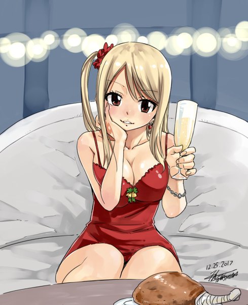 Anime picture 811x994 with fairy tail lucy heartfilia mashima hiro single long hair tall image looking at viewer blush breasts light erotic blonde hair smile large breasts sitting brown eyes signed cleavage indoors parted lips tattoo