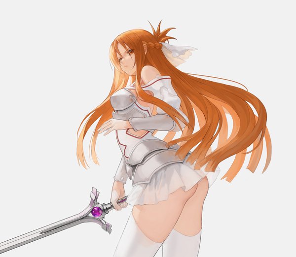 Anime picture 4443x3868 with sword art online a-1 pictures yuuki asuna egk513 single long hair looking at viewer fringe highres light erotic simple background hair between eyes brown hair standing brown eyes absurdres ass braid (braids) from behind off shoulder