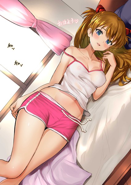 Anime picture 2508x3541 with neon genesis evangelion gainax soryu asuka langley pukara single long hair tall image looking at viewer blush fringe highres open mouth blue eyes light erotic hair between eyes brown hair payot indoors lying midriff