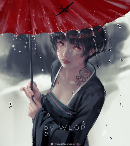 Anime-Bild 1765x1992 mit ghost blade jade (ghost blade) wlop single tall image looking at viewer fringe highres short hair black hair red eyes standing holding signed traditional clothes japanese clothes from above lips wide sleeves tattoo