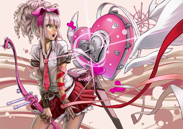 Anime picture 1000x707 with original aro (charged time out) single long hair fringe open mouth standing green eyes pink hair ponytail pleated skirt drill hair open collar girl skirt bow ribbon (ribbons) weapon hair bow hair ribbon