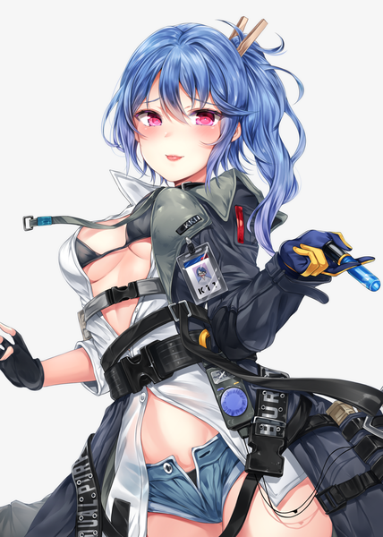 イラスト 2000x2800 と ドールズフロントライン k11 (girls frontline) zerocat ソロ 長髪 長身像 カメラ目線 赤面 前髪 highres おっぱい light erotic simple background hair between eyes 立つ 青い髪 ピンク目 grey background open jacket 下乳