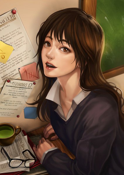 Anime picture 707x1000 with original lan wu single long hair tall image looking at viewer fringe open mouth brown hair brown eyes from above open collar girl glasses sweater cup paper teacup tea blackboard