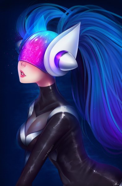 Anime picture 2300x3500 with league of legends sona buvelle maryfraser single long hair tall image highres breasts twintails blue hair lips lipstick red lipstick girl bodysuit helmet