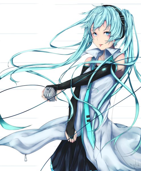 Anime picture 840x1020 with vocaloid hatsune miku marumoru single tall image looking at viewer blue eyes simple background white background very long hair aqua hair :p girl dress detached sleeves tongue headphones microphone wire (wires)