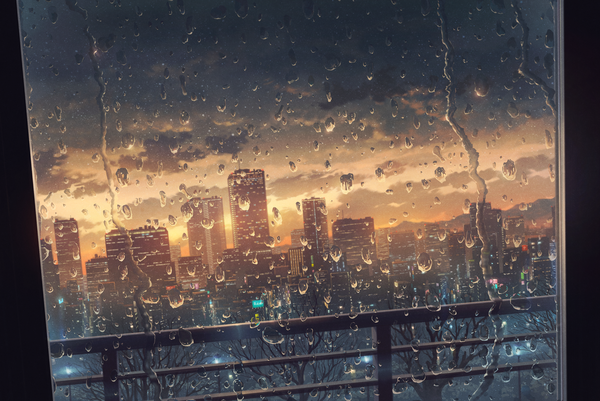 Anime picture 1755x1173 with original cola (pixiv) highres sky cloud (clouds) city evening cityscape no people bare tree plant (plants) tree (trees) window building (buildings) water drop railing skyscraper
