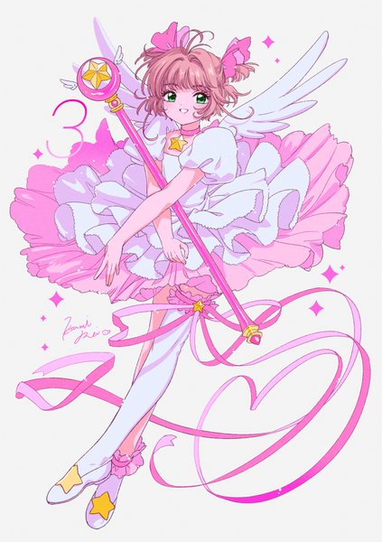 Anime picture 2039x2894 with card captor sakura clamp kinomoto sakura kisumi rei single tall image looking at viewer highres short hair simple background smile brown hair green eyes signed full body ahoge two side up puffy sleeves grin magical girl