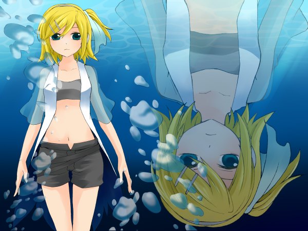 Anime picture 1200x900 with vocaloid kagamine rin kanna (chaos966) single short hair blue eyes blonde hair underwater zoom layer girl navel shorts bubble (bubbles)