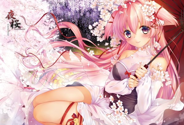 Anime picture 1200x818 with original obiwan single long hair blush smile purple eyes bare shoulders animal ears pink hair girl dress flower (flowers) umbrella wisteria