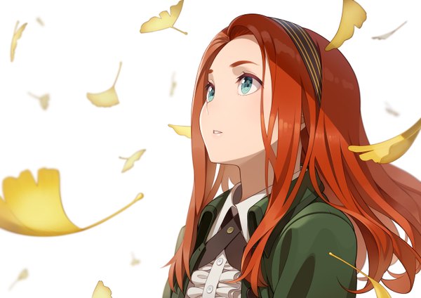 Anime picture 1414x1000 with original go robots single long hair blue eyes white background looking away orange hair girl hairband leaf (leaves)