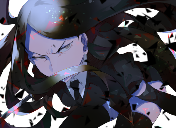 Anime picture 800x585 with houseki no kuni bort gj single long hair looking at viewer black hair grey eyes covered mouth angry androgynous thighhighs gloves uniform weapon black thighhighs sword black gloves necktie elbow gloves
