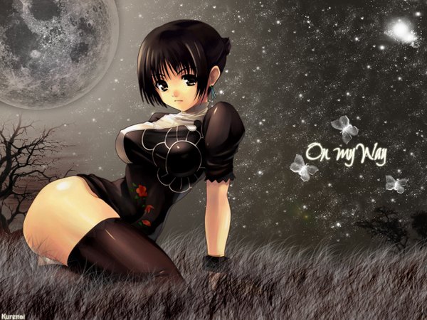 Anime picture 1280x960 with soulcalibur xianghua single short hair light erotic black hair ass black eyes night girl thighhighs dress black thighhighs insect butterfly moon star (stars)