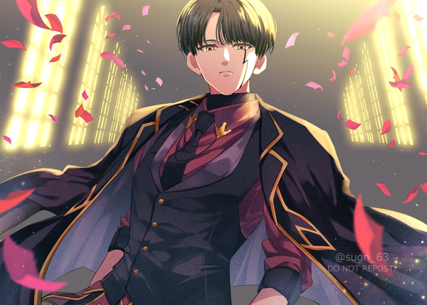 Anime picture 1812x1295 with mashle a-1 pictures mash burnedead sogen ichi wa single looking at viewer fringe highres short hair black hair signed yellow eyes upper body indoors twitter username clothes on shoulders boy shirt petals necktie