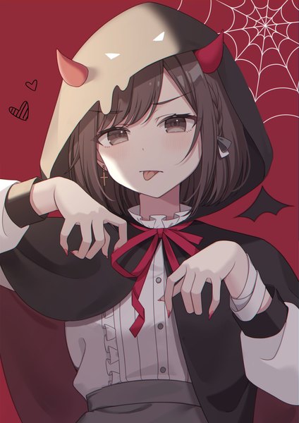 Anime picture 1448x2048 with project sekai shinonome ena amai melo single tall image fringe short hair brown hair brown eyes upper body horn (horns) shaded face halloween red background girl heart tongue hood cape spider web