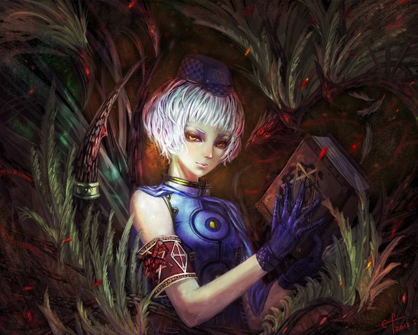 Anime picture 1600x1283 with persona 3 persona elizabeth (persona) edenfox single fringe short hair yellow eyes silver hair lips girl gloves plant (plants) hat book (books)