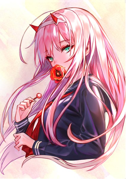 Anime picture 1041x1481 with darling in the franxx studio trigger zero two (darling in the franxx) pierorabu single long hair tall image looking at viewer fringe simple background hair between eyes holding green eyes pink hair upper body long sleeves horn (horns) flower in mouth girl uniform