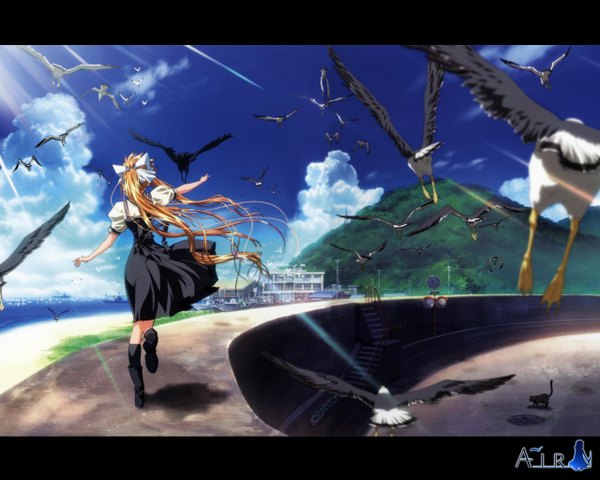 Anime picture 1280x1024 with air key (studio) kamio misuzu sora single long hair blonde hair sky cloud (clouds) bent knee (knees) ponytail from behind sunlight back spread arms mountain running girl dress bow