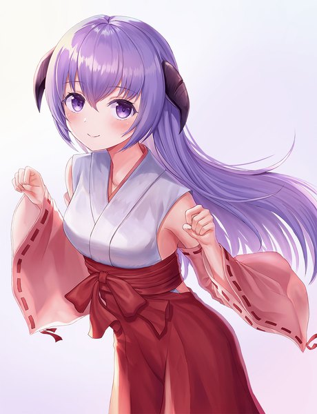 Anime picture 999x1303 with higurashi no naku koro ni studio deen hanyuu seungju lee single long hair tall image looking at viewer blush fringe simple background smile hair between eyes purple eyes purple hair traditional clothes japanese clothes horn (horns) miko girl