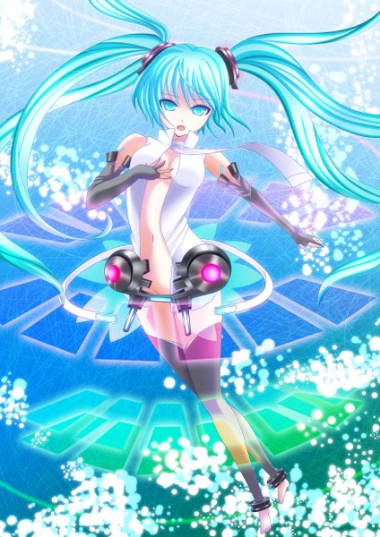 イラスト 1752x2480 と ボーカロイド vocaloid append 初音ミク 初音ミクappend torako 19 ソロ 長髪 長身像 赤面 highres おっぱい 開いた口 light erotic 笑顔 ツインテール 肩出し 裸足 aqua eyes aqua hair open clothes