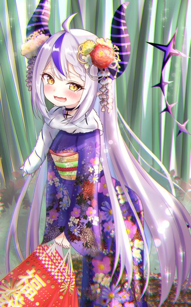 Anime picture 1389x2230 with virtual youtuber hololive la+ darknesss shihaku rare single tall image looking at viewer blush fringe open mouth standing yellow eyes silver hair ahoge tail very long hair traditional clothes japanese clothes multicolored hair horn (horns)