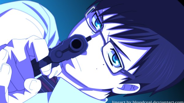 Anime picture 1280x720 with ao no exorcist a-1 pictures okumura yukio advance996 single short hair blue eyes black hair simple background wide image coloring close-up face boy shirt glasses necktie gun pistol