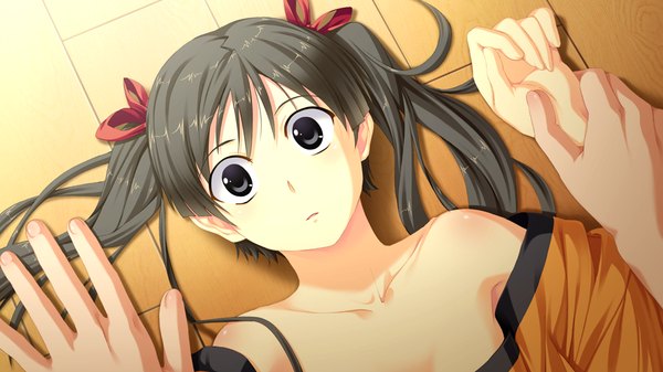 Anime picture 1024x576 with suigetsu 2 long hair black hair wide image twintails game cg black eyes girl