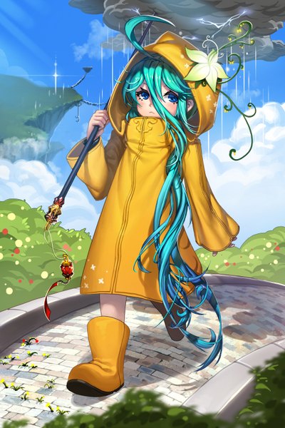 Anime picture 1000x1500 with devil maker aurora (devil maker) rheez (artist) single tall image blush blue eyes cloud (clouds) ahoge very long hair aqua hair rain walking lightning :< >:( girl flower (flowers) hood umbrella