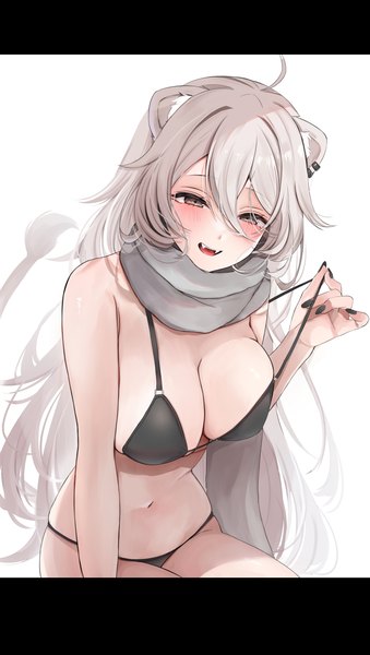 Anime picture 1736x3075 with virtual youtuber hololive shishiro botan nerorigogo single long hair tall image looking at viewer blush fringe highres breasts open mouth light erotic hair between eyes large breasts white background sitting animal ears cleavage