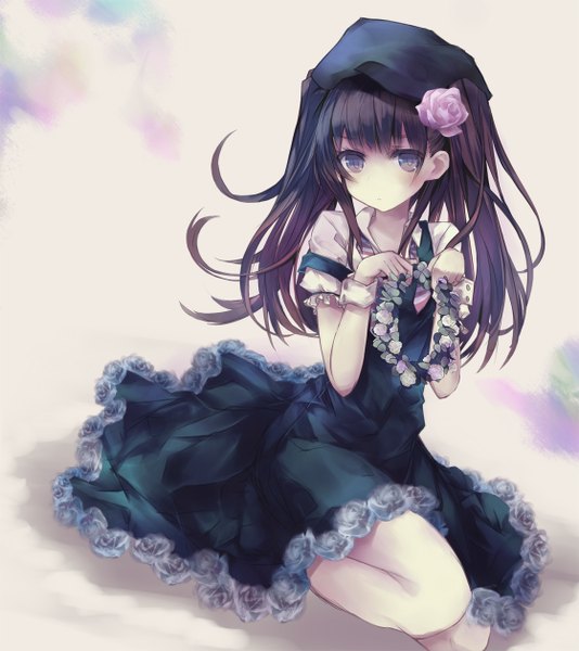Anime picture 1120x1258 with original minchi (lordofthemince) single long hair tall image black hair black eyes girl dress flower (flowers) beret wreath