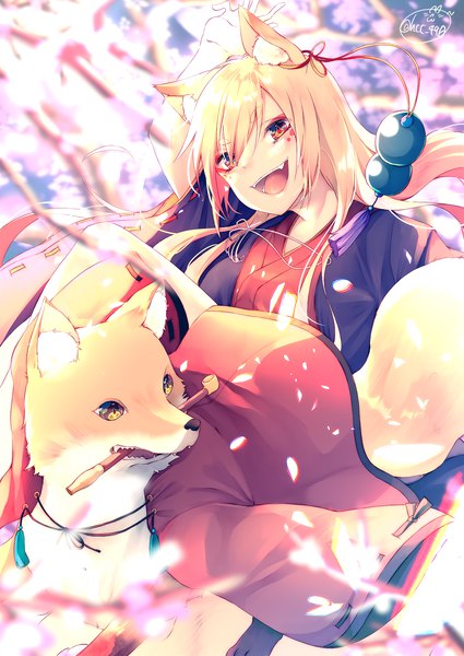 Anime picture 1417x2000 with original chita (ketchup) single long hair tall image looking at viewer blush fringe open mouth blonde hair smile hair between eyes red eyes signed animal ears payot tail traditional clothes japanese clothes animal tail