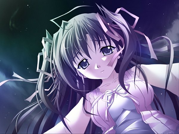 Anime picture 1024x768 with koimomo long hair blue eyes brown hair game cg night girl ribbon (ribbons) hair ribbon