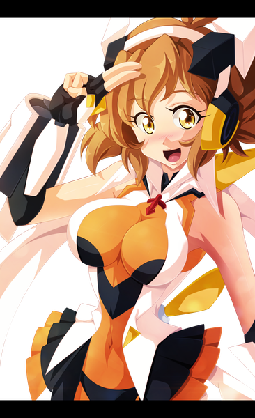 Anime picture 3600x5902 with senki zesshou symphogear satelight tachibana hibiki salim202 single tall image blush highres short hair breasts open mouth light erotic smile brown hair large breasts yellow eyes absurdres coloring transparent background girl