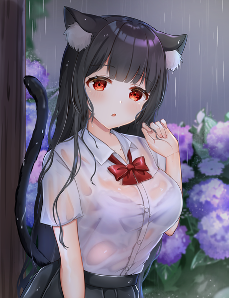 Anime picture 1533x2000 with original katsushika pachi single long hair tall image looking at viewer blush fringe open mouth light erotic black hair red eyes standing animal ears upper body outdoors tail blunt bangs head tilt animal tail