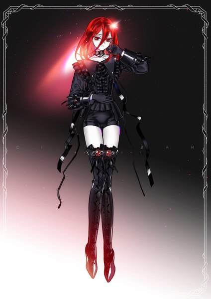 Anime picture 707x1000 with houseki no kuni cinnabar (houseki no kuni) bloodcat (babacatcat) single long hair tall image fringe hair between eyes red eyes signed full body red hair alternate costume zettai ryouiki character names gradient background androgynous gloves choker black gloves