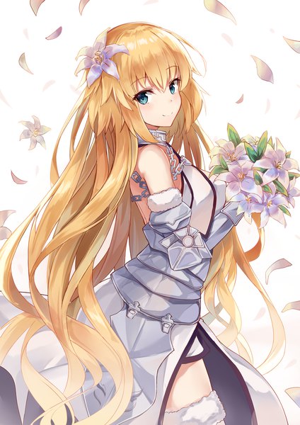 Anime picture 2480x3508 with fate (series) fate/grand order jeanne d'arc (fate) (all) jeanne d'arc (fate) usagi an single tall image looking at viewer blush fringe highres breasts blue eyes simple background blonde hair smile hair between eyes white background holding very long hair
