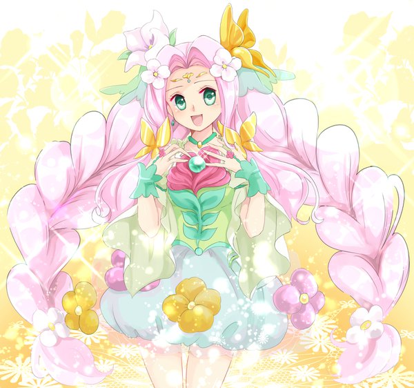Anime picture 1500x1406 with precure mahou girls precure! toei animation hanami kotoha cure felice tsuka d single long hair tall image blush open mouth smile green eyes looking away pink hair upper body braid (braids) hair flower blurry sparkle