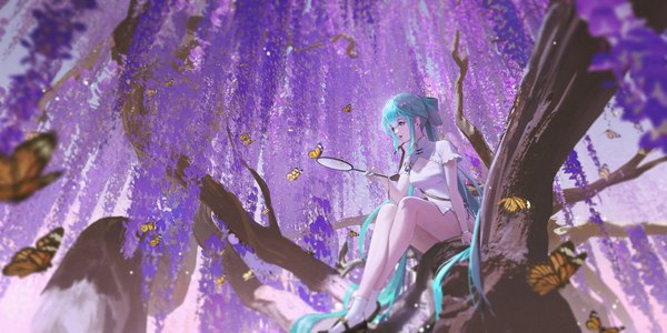 Anime picture 4000x2000 with vocaloid hatsune miku shaohua hatsune miku ttk (kirinottk) single highres wide image sitting payot looking away very long hair traditional clothes aqua eyes aqua hair crossed legs chinese clothes tree sitting girl flower (flowers) socks