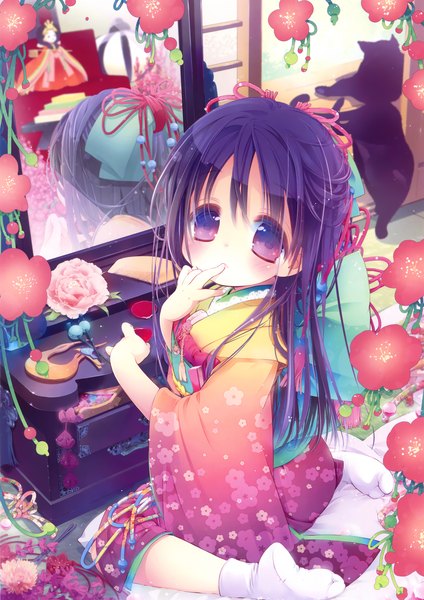 Anime picture 3253x4602 with original eshi 100-nin ten mitaonsya single long hair tall image looking at viewer blush highres purple eyes absurdres purple hair japanese clothes loli finger to mouth girl hair ornament flower (flowers) kimono mirror